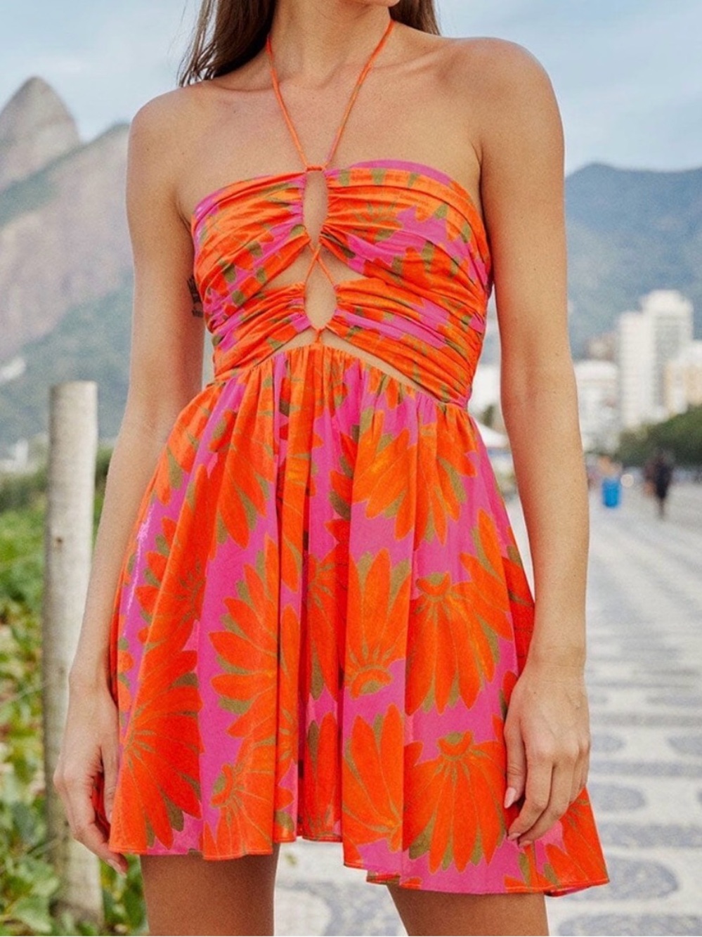 FARM Rio Strapless Pink Copacabana Cutout Mini Dress in Orange & Pink